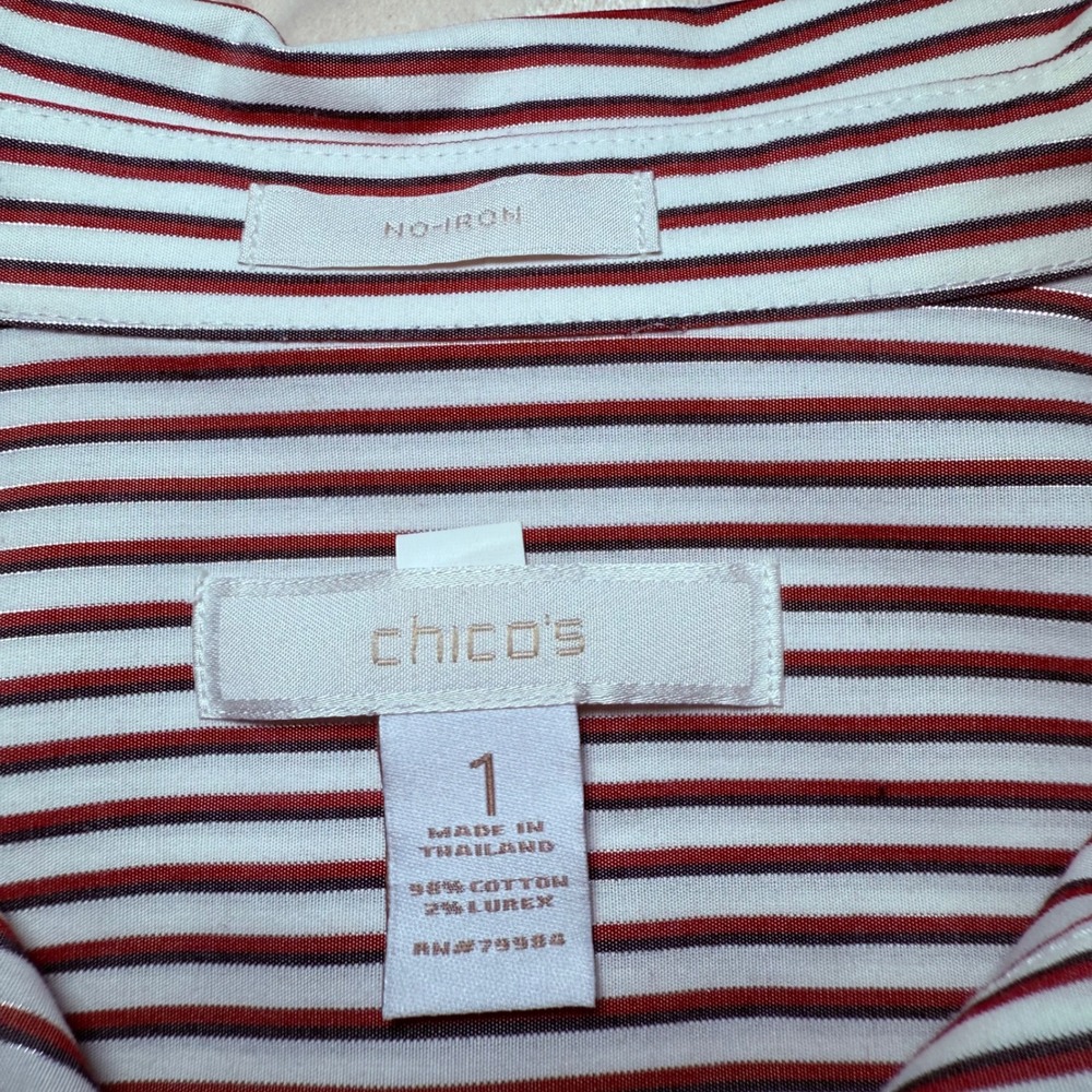Chicos Striped No Iron Sparkle Button Up Shirt Women's Size 1 Red White Black - Picture 6 of 9